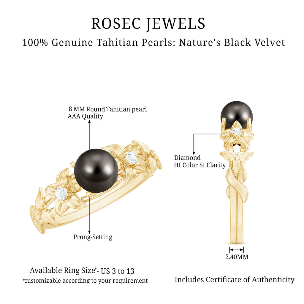 2.50 CT Black Tahitian Pearl Flower Engagement Ring with Diamond