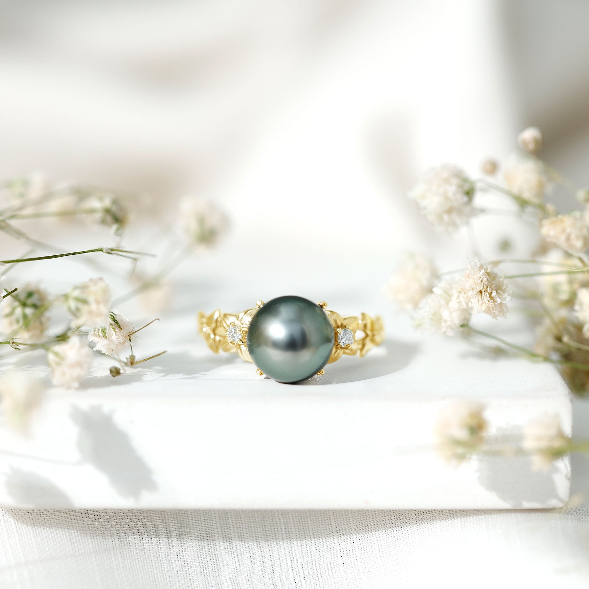 2.50 CT Black Tahitian Pearl Flower Engagement Ring with Diamond
