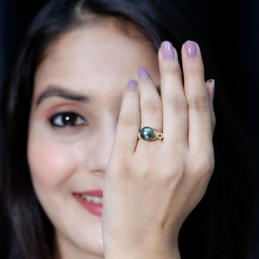 2.50 CT Black Tahitian Pearl Flower Engagement Ring with Diamond