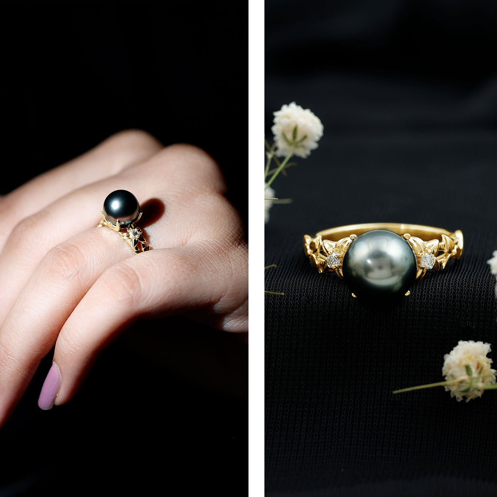 2.50 CT Black Tahitian Pearl Flower Engagement Ring with Diamond