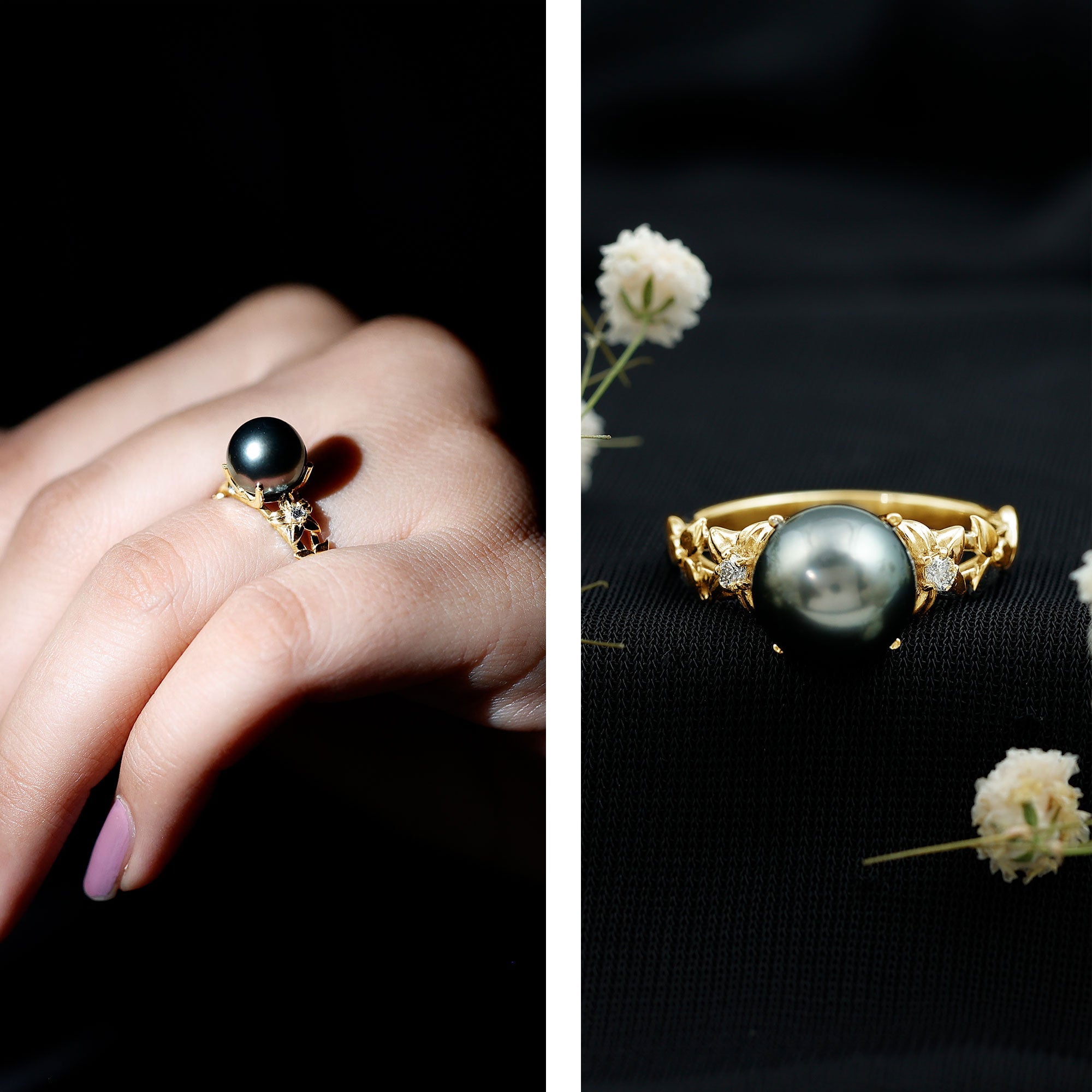 2.50 CT Black Tahitian Pearl Flower Engagement Ring with Diamond
