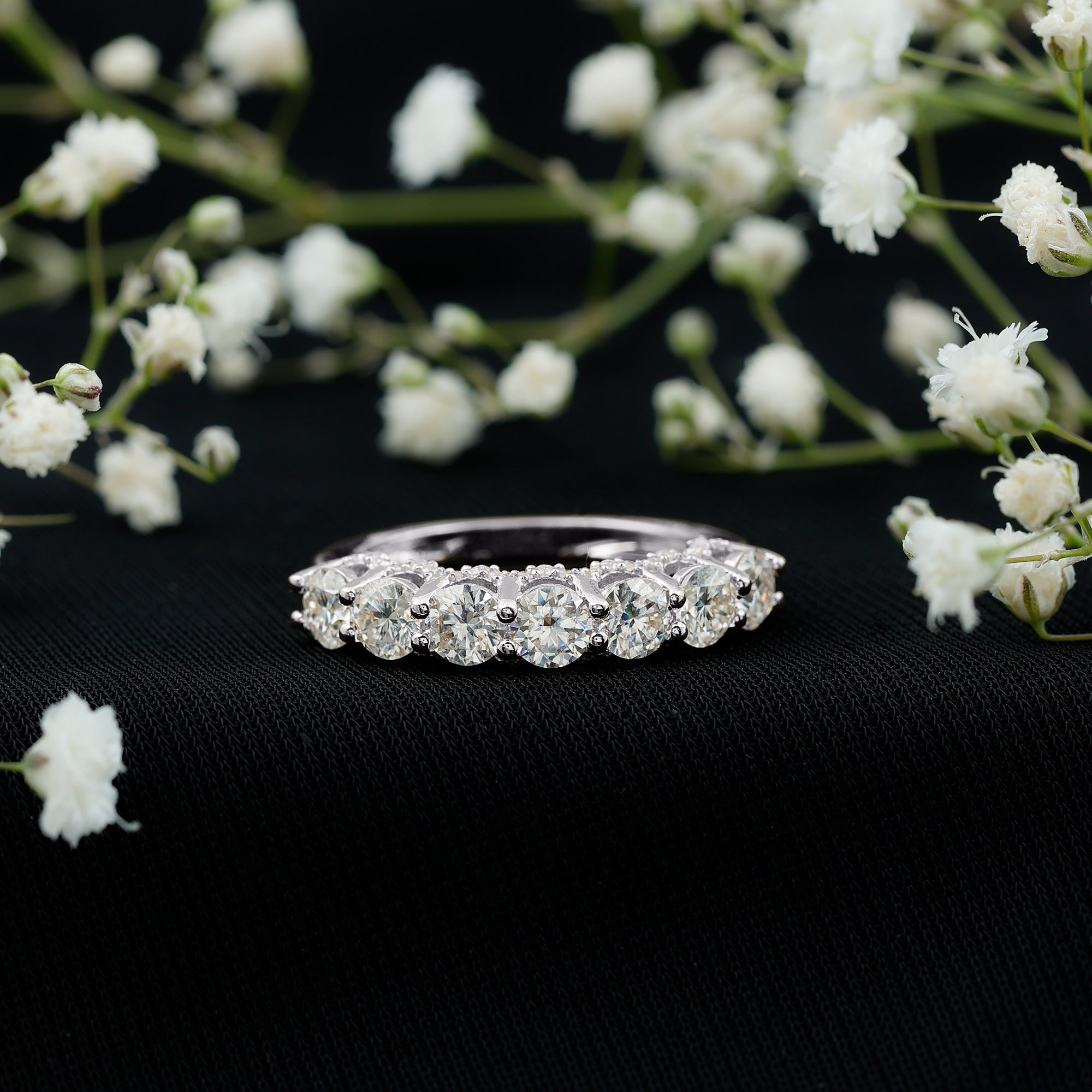 Shared Prong Set Round Moissanite Designer Wedding Band