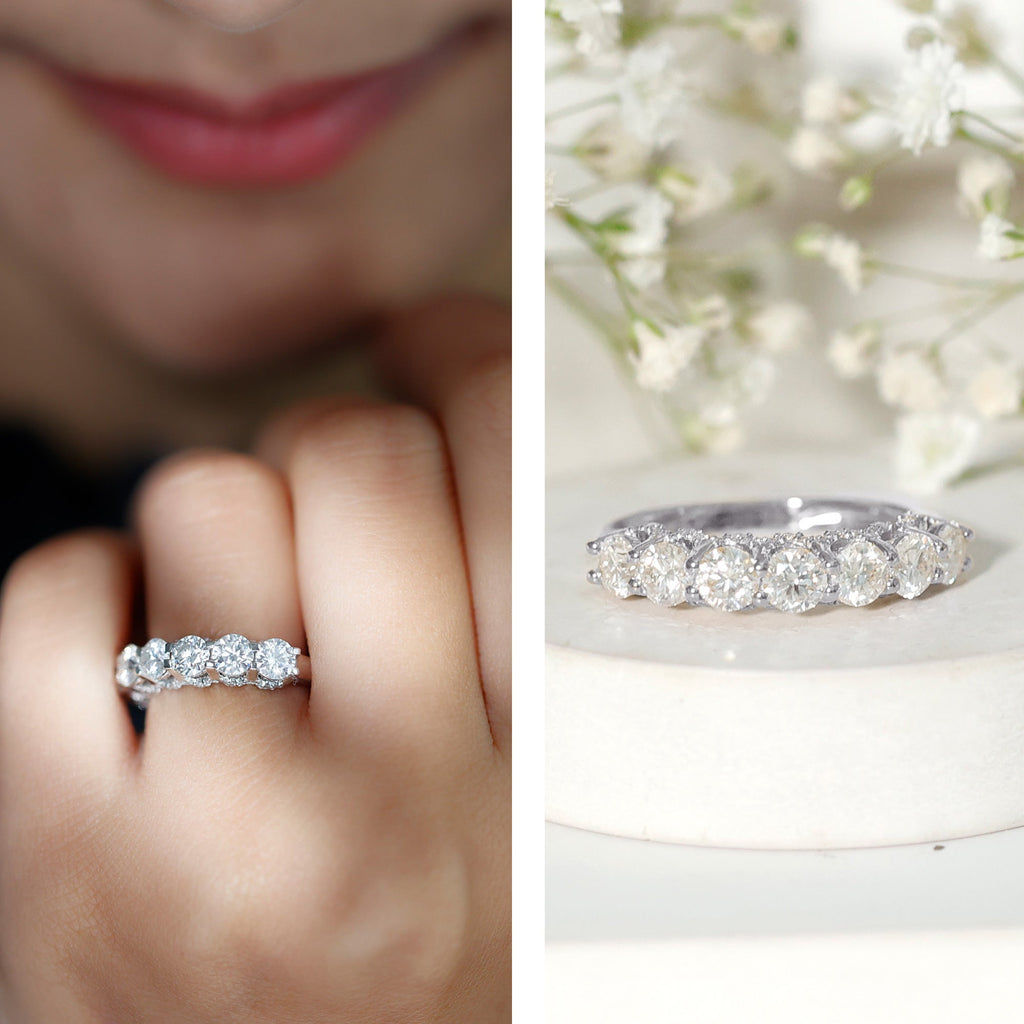 Shared Prong Set Round Moissanite Designer Wedding Band
