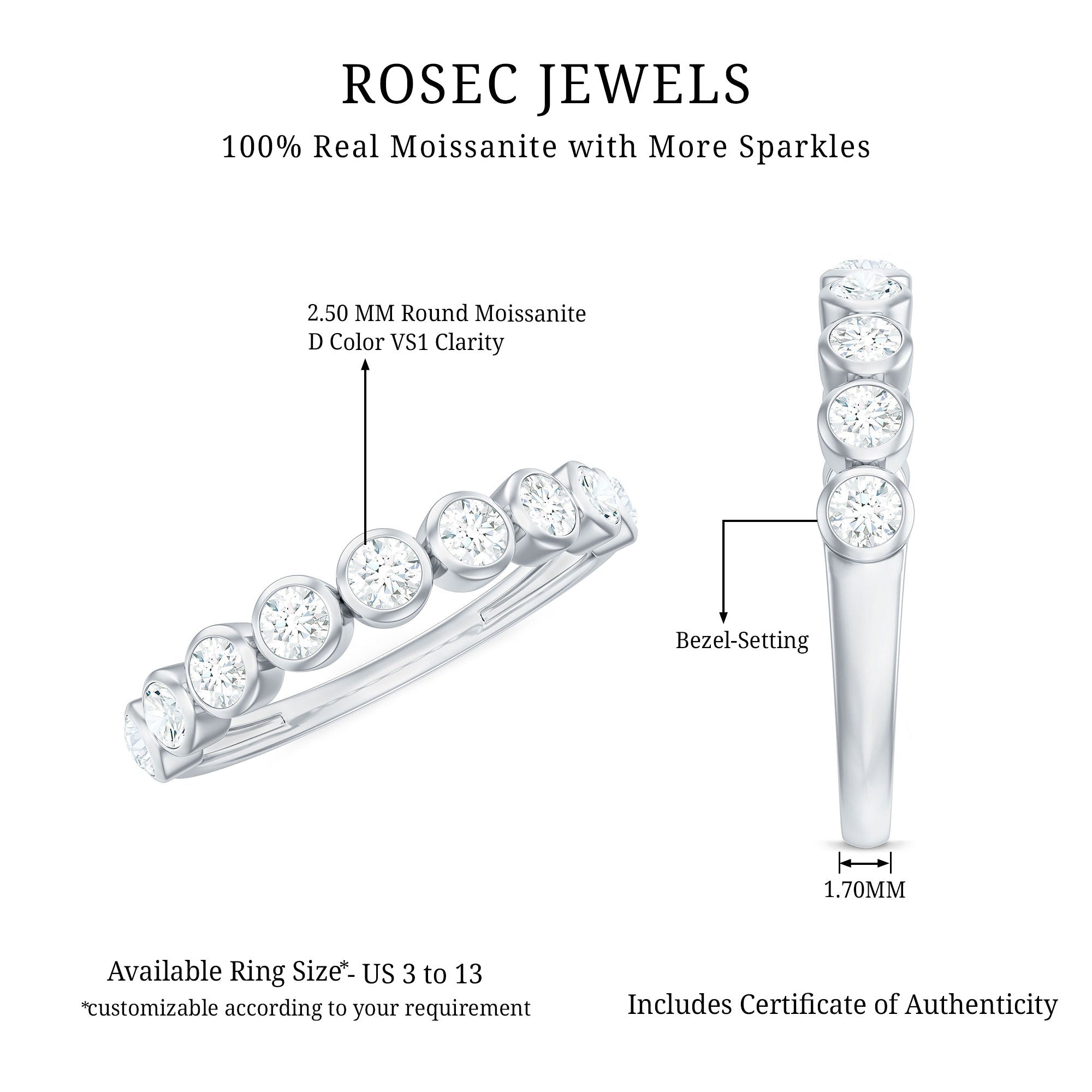Bezel Set Moissanite Half Eternity Band Ring