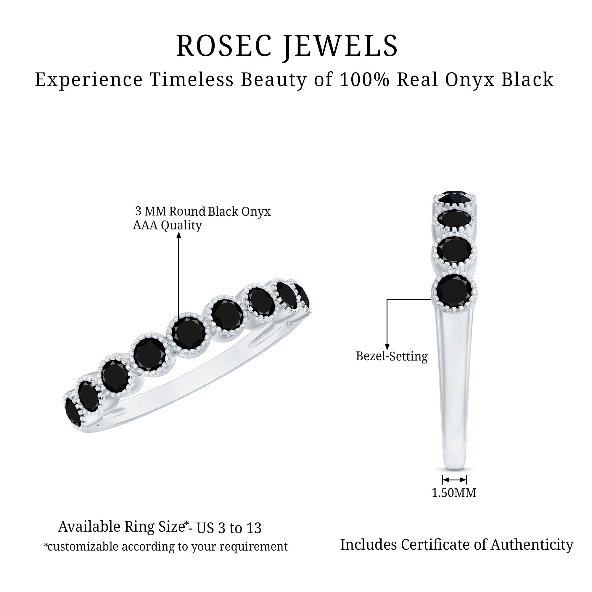 Beaded Bezel Set Black Onyx Half Eternity Wedding Band