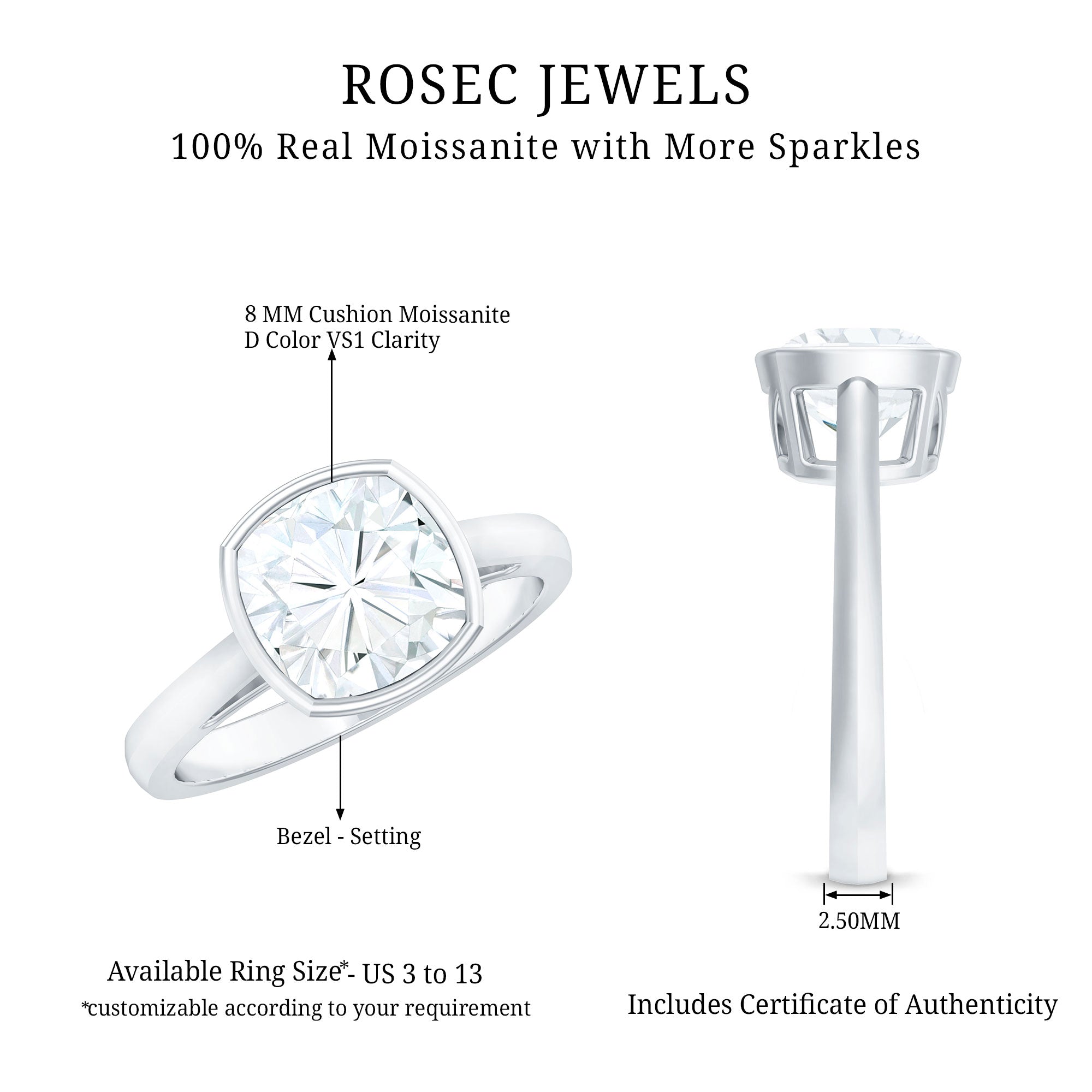 Bezel Set Cushion Cut Moissanite Solitaire Engagement Ring