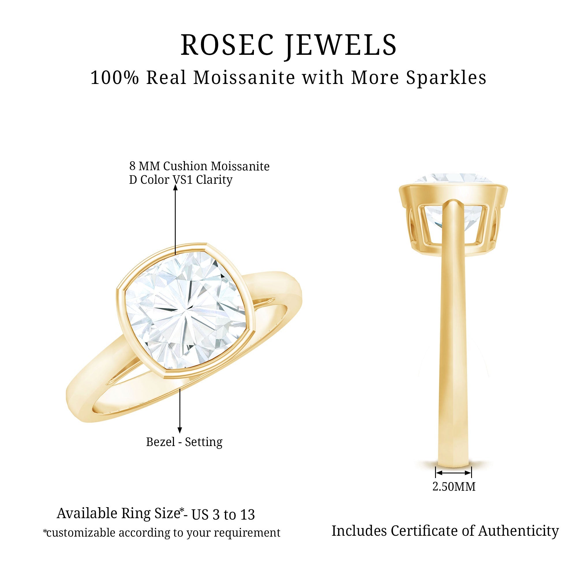 Bezel Set Cushion Cut Moissanite Solitaire Engagement Ring