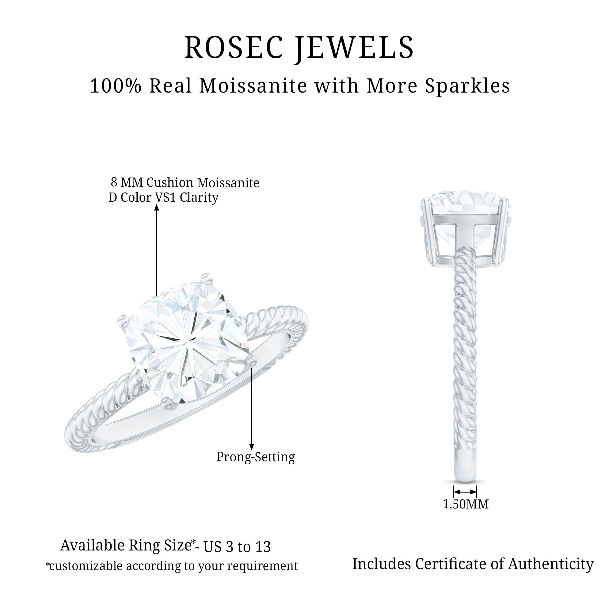 3.25 CT Certified Moissanite Solitaire Ring with Twisted Rope