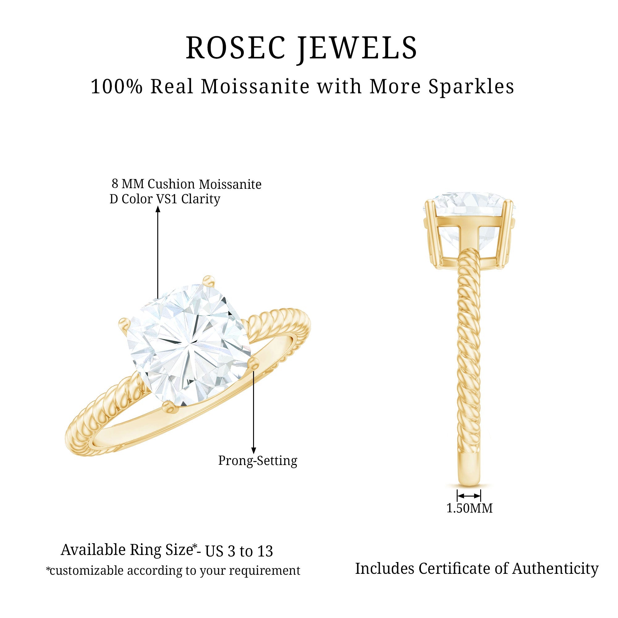 3.25 CT Certified Moissanite Solitaire Ring with Twisted Rope