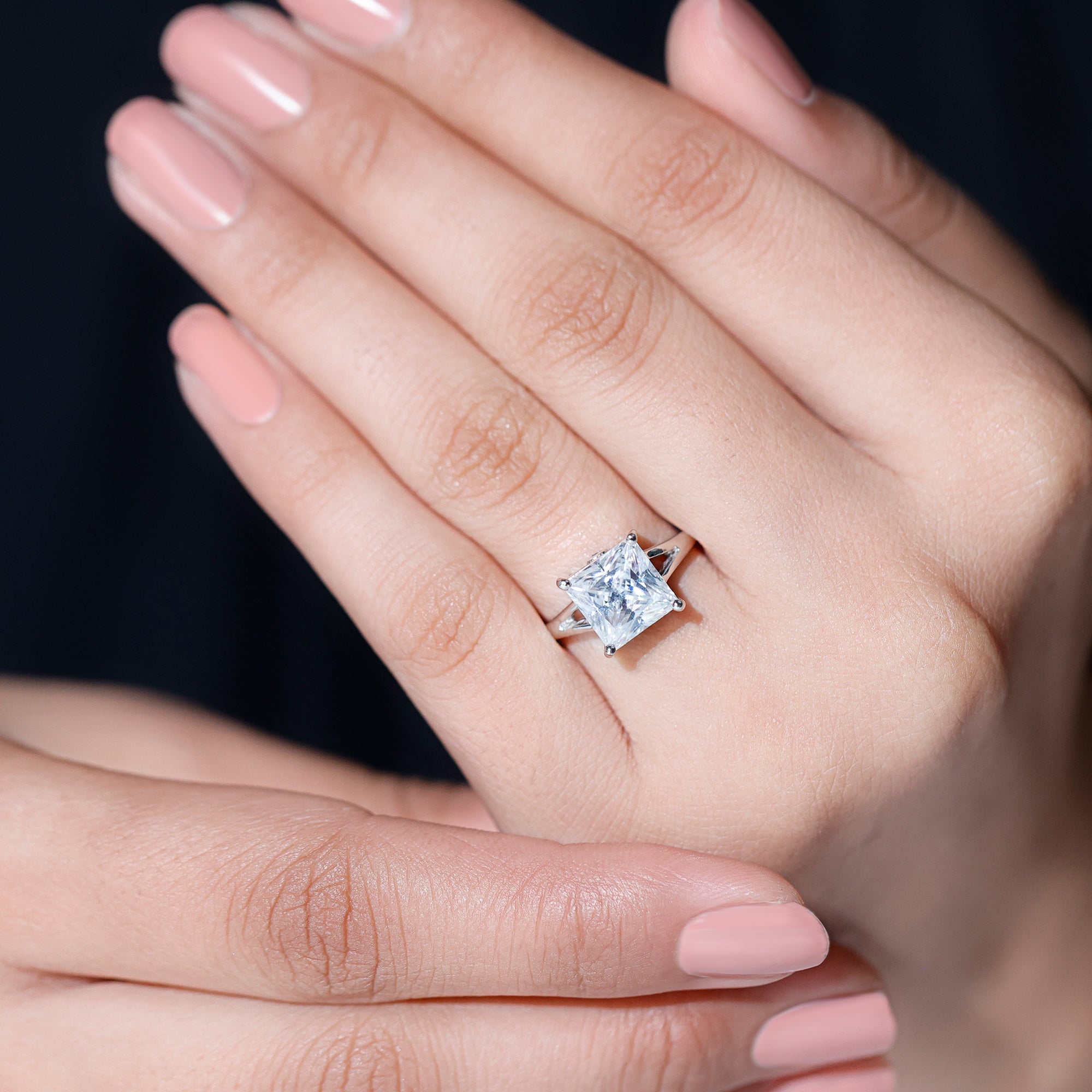 Certified 8 MM Moissanite Princess Cut Engagement Ring with Split Shank