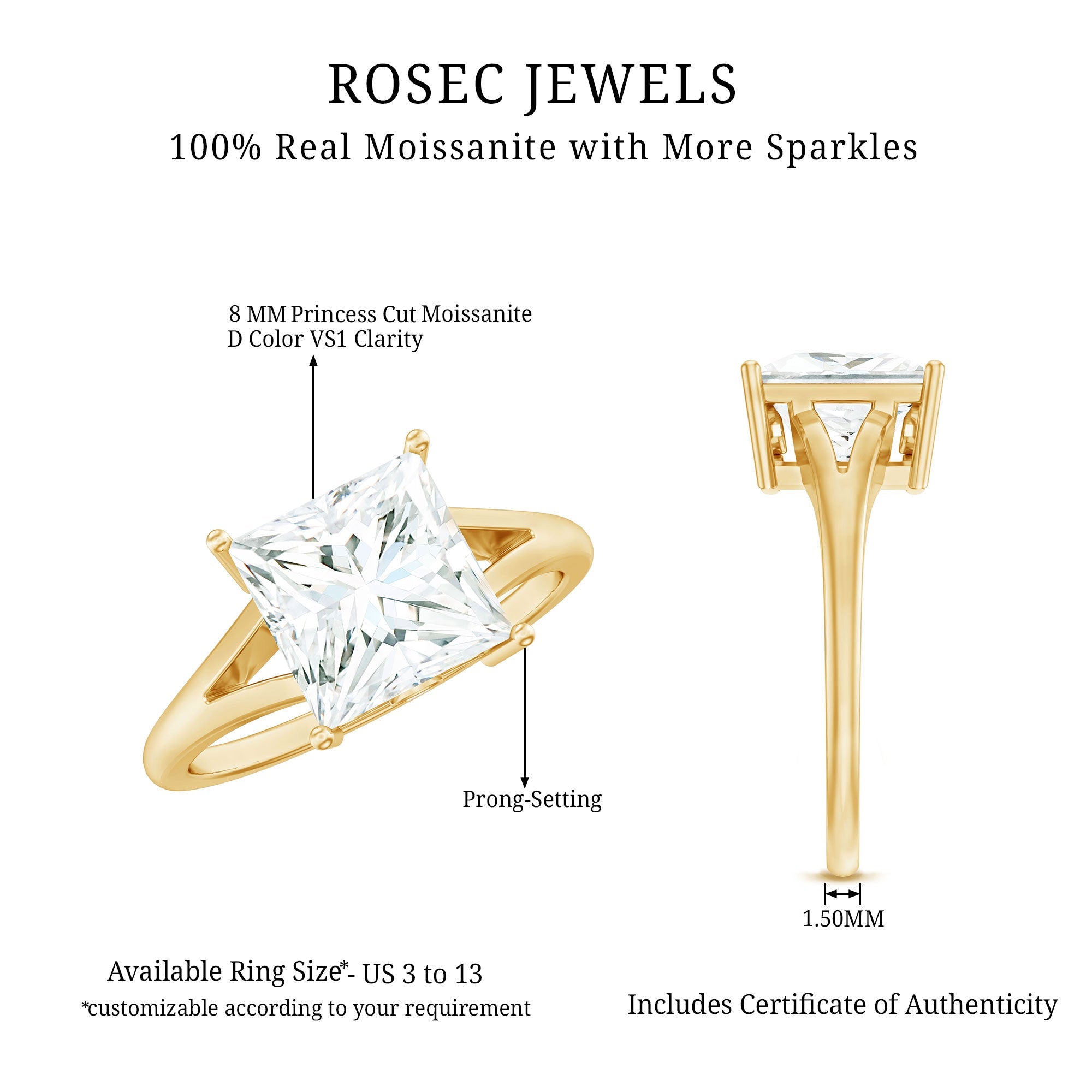 Certified 8 MM Moissanite Princess Cut Engagement Ring with Split Shank