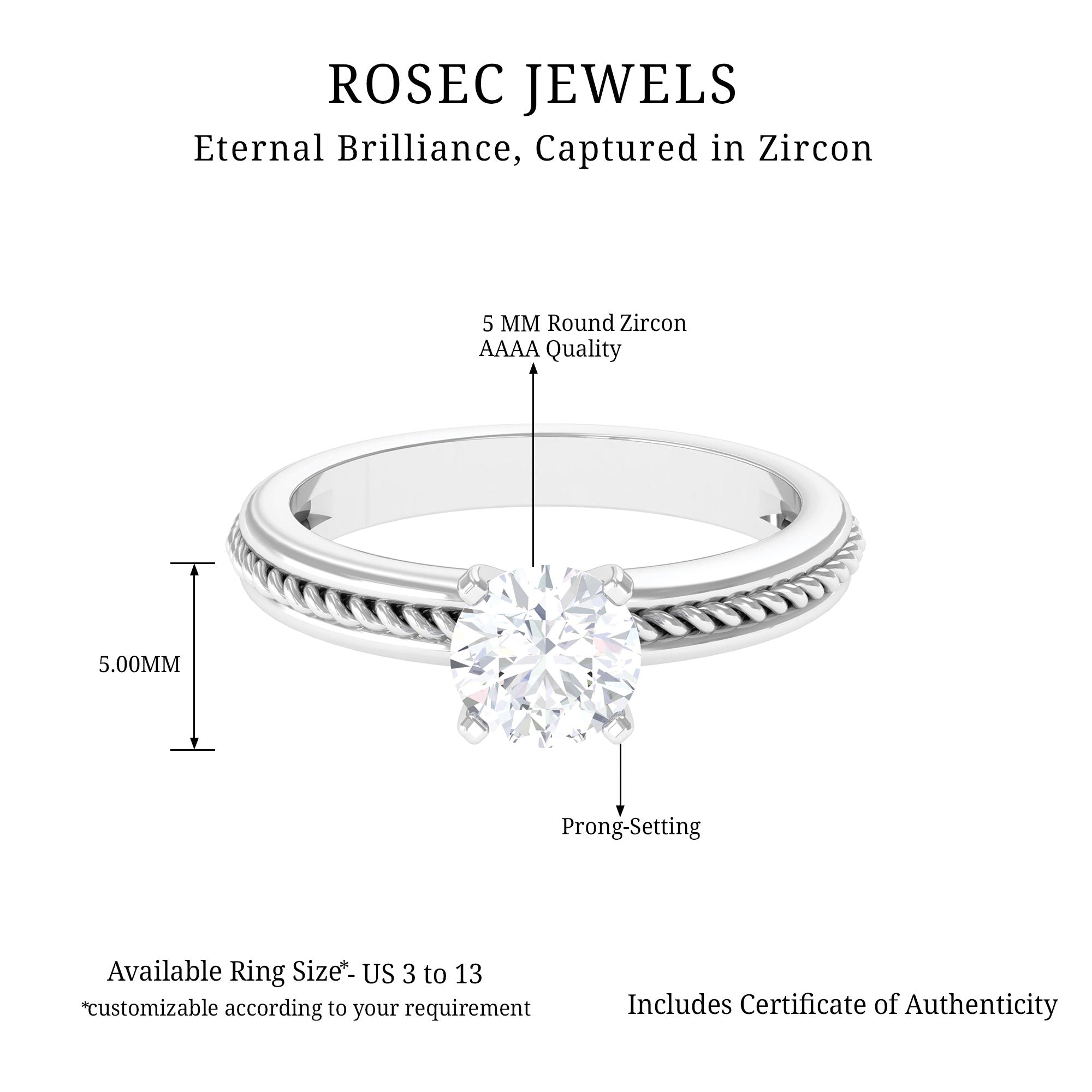 Cubic Zirconia Solitaire Twisted Rope Ring in Square Prong Setting