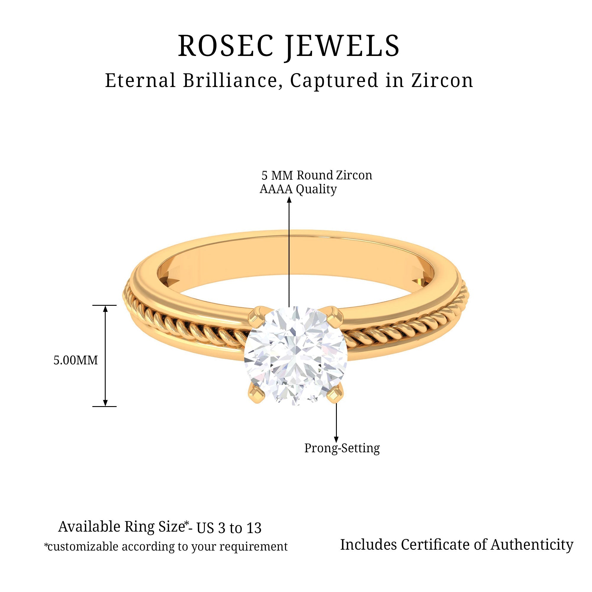 Cubic Zirconia Solitaire Twisted Rope Ring in Square Prong Setting