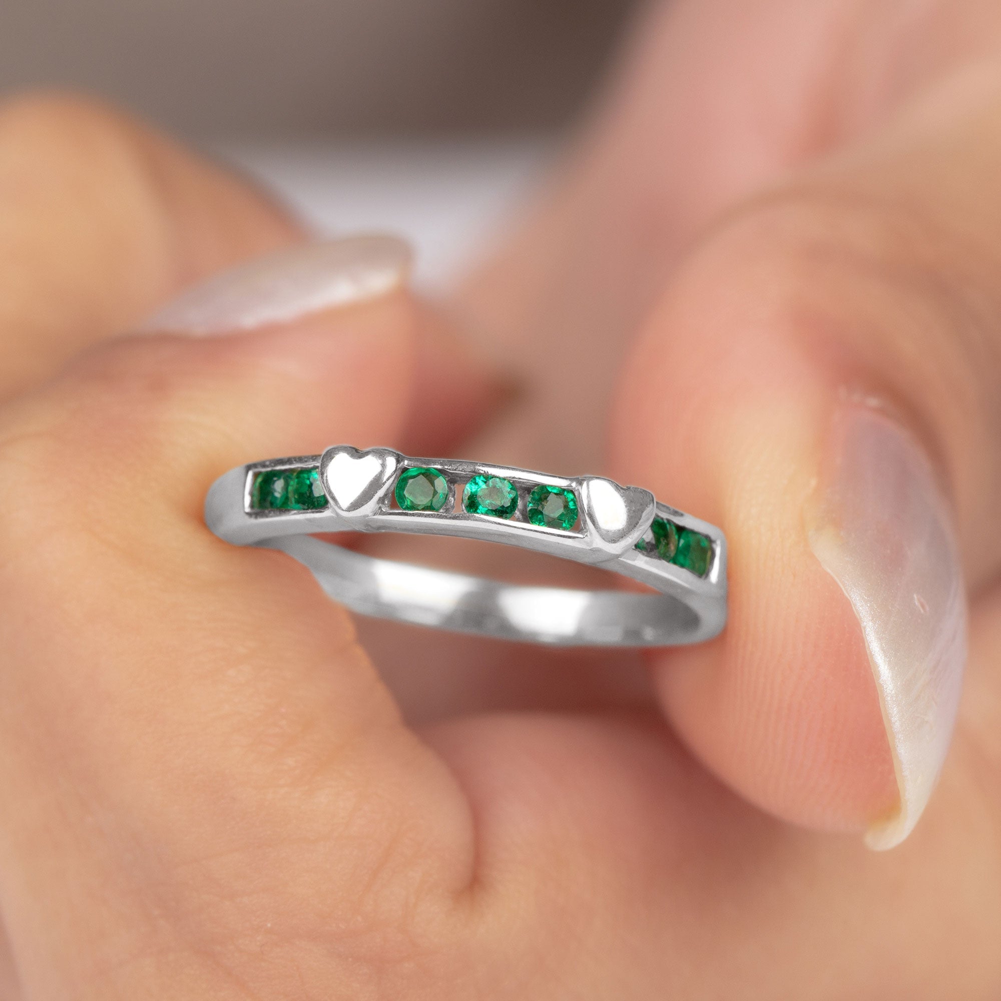 Natural Emerald Heart Eternity Ring in Channel Setting