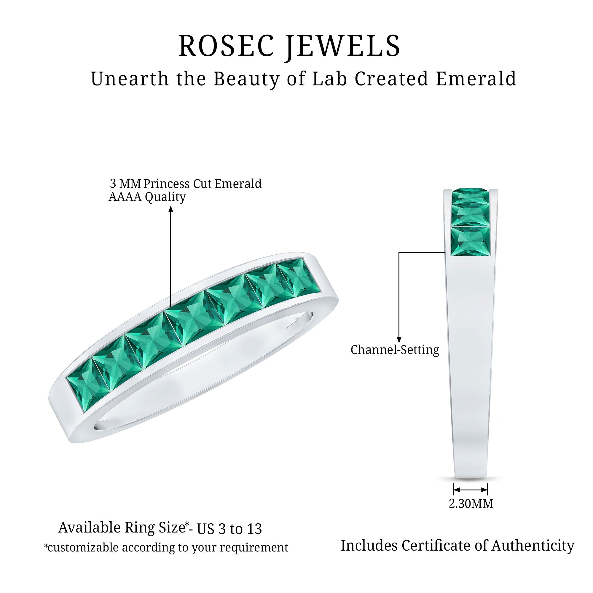 Princess Cut Created Emerald Half Eternity Band Ring in Channel Setting