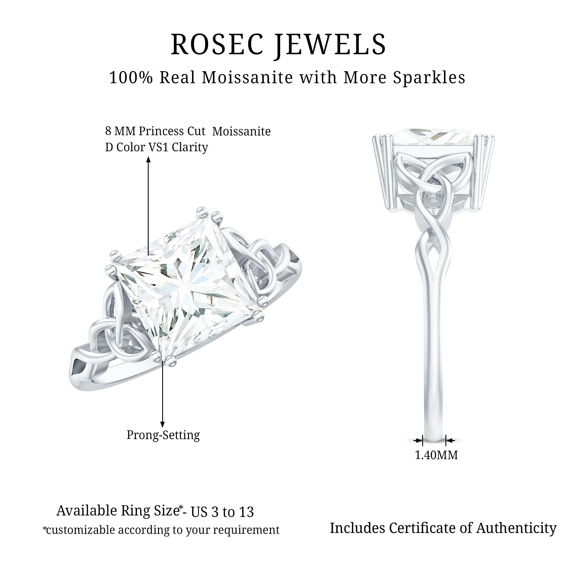 Moissanite Princess Cut Engagement Ring With Celtic Knot Design