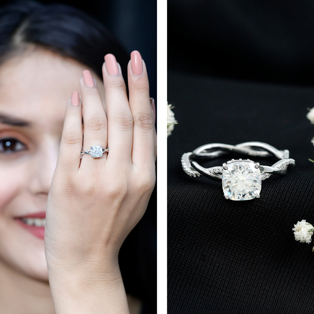 8 MM Moissanite Cushion Cut Hidden Halo Engagement Rings