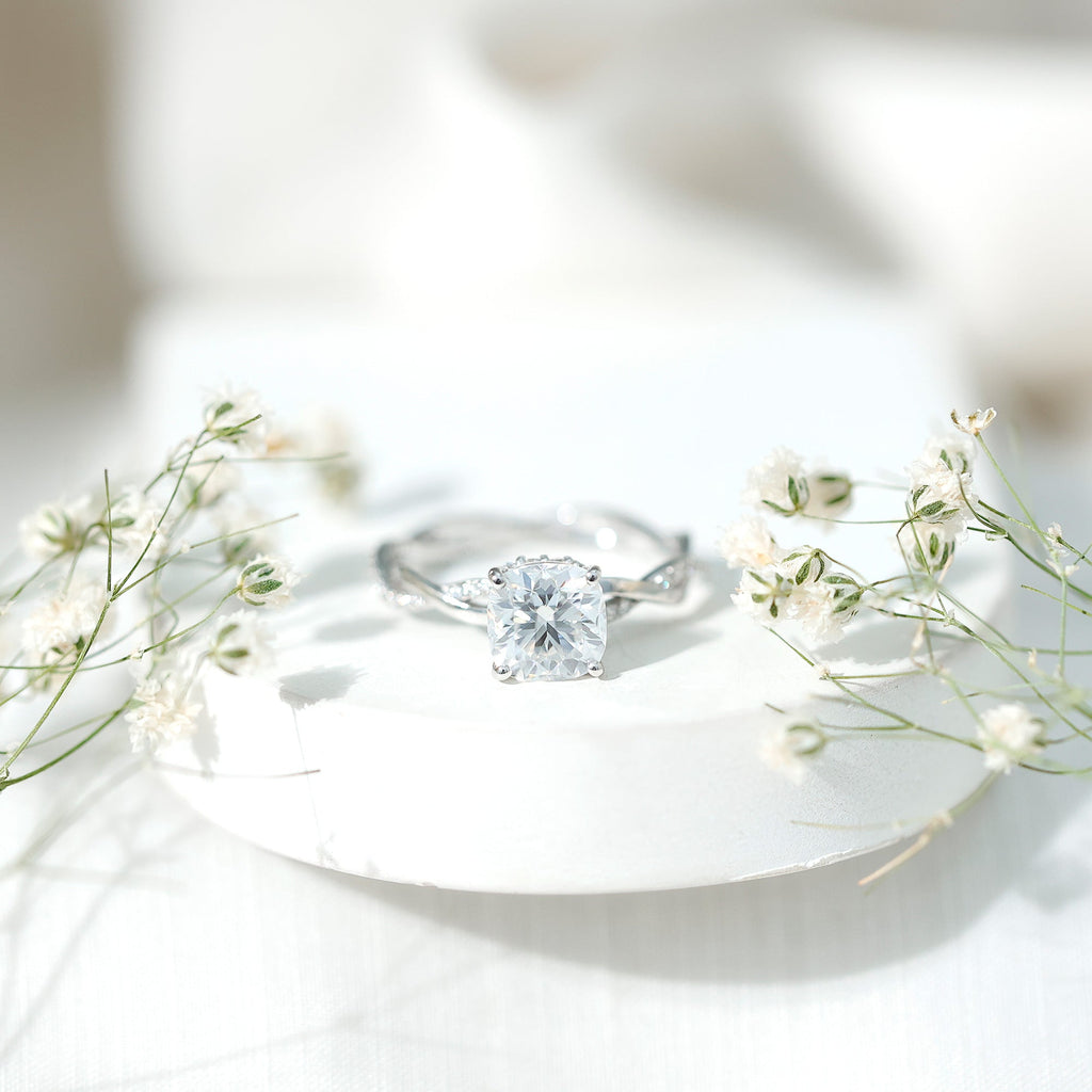 8 MM Moissanite Cushion Cut Hidden Halo Engagement Rings