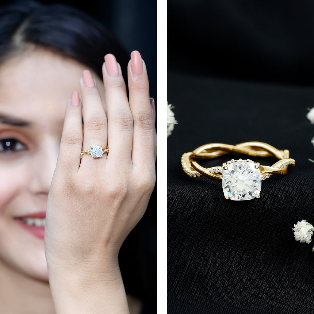 8 MM Moissanite Cushion Cut Hidden Halo Engagement Rings