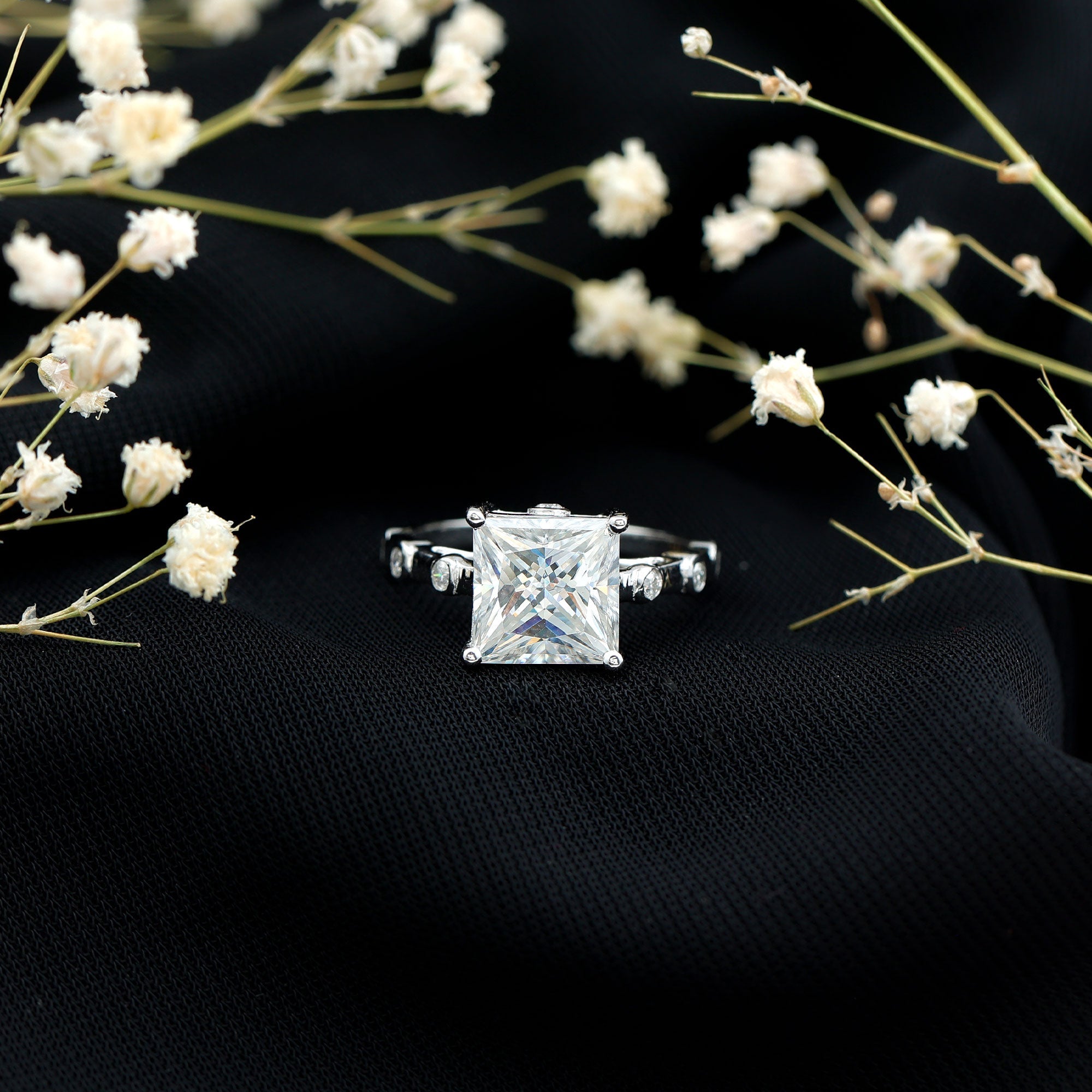 Princess Cut Moissanite Solitaire Engagement Ring with Spaced Accent