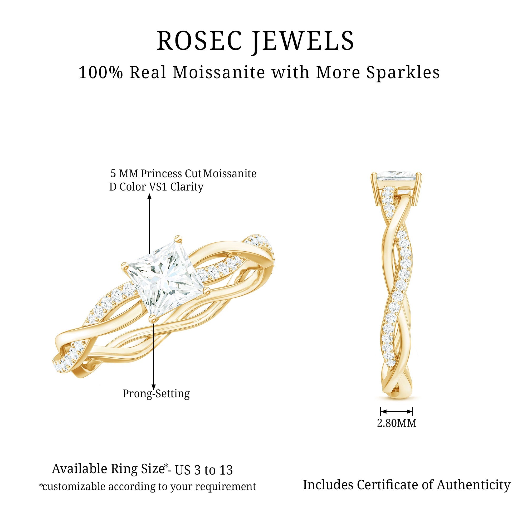 Princess Cut Moissanite Solitaire Braided Promise Ring