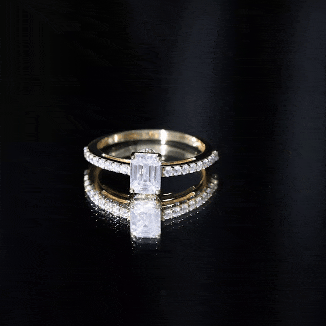 Certified Moissanite Emerald Cut Engagement Ring with Hidden Halo