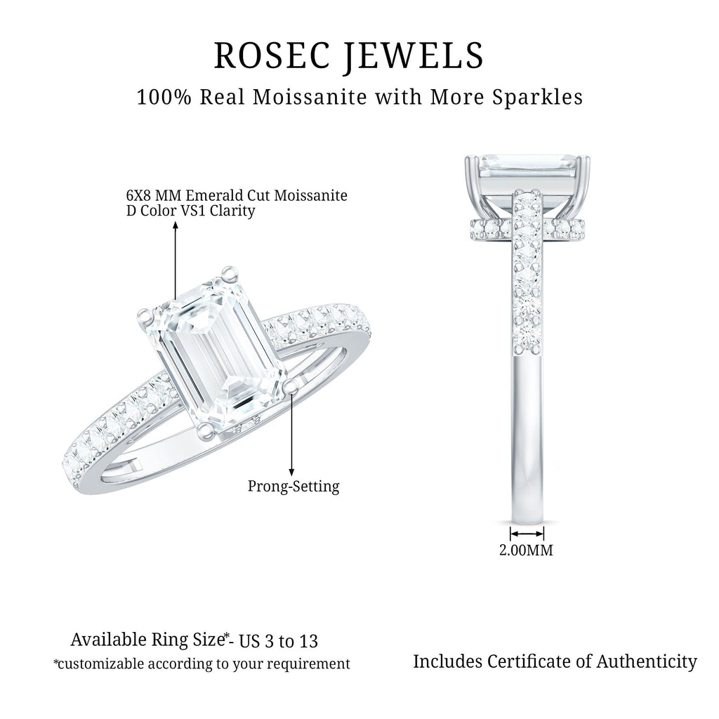 Certified Moissanite Emerald Cut Engagement Ring with Hidden Halo