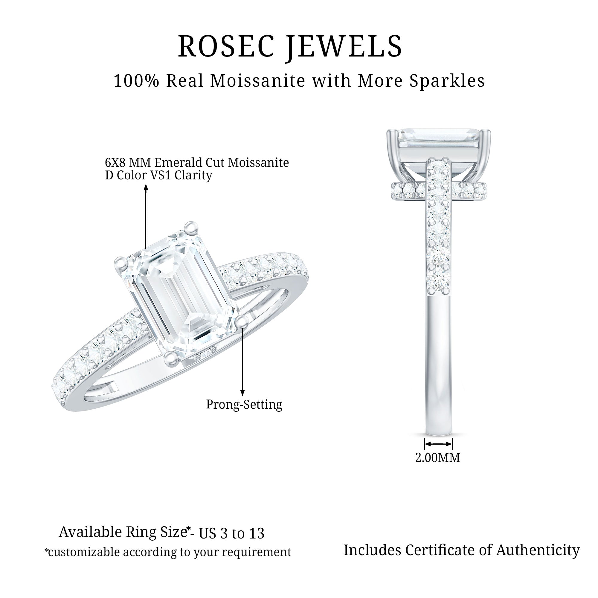 Certified Moissanite Emerald Cut Engagement Ring with Hidden Halo