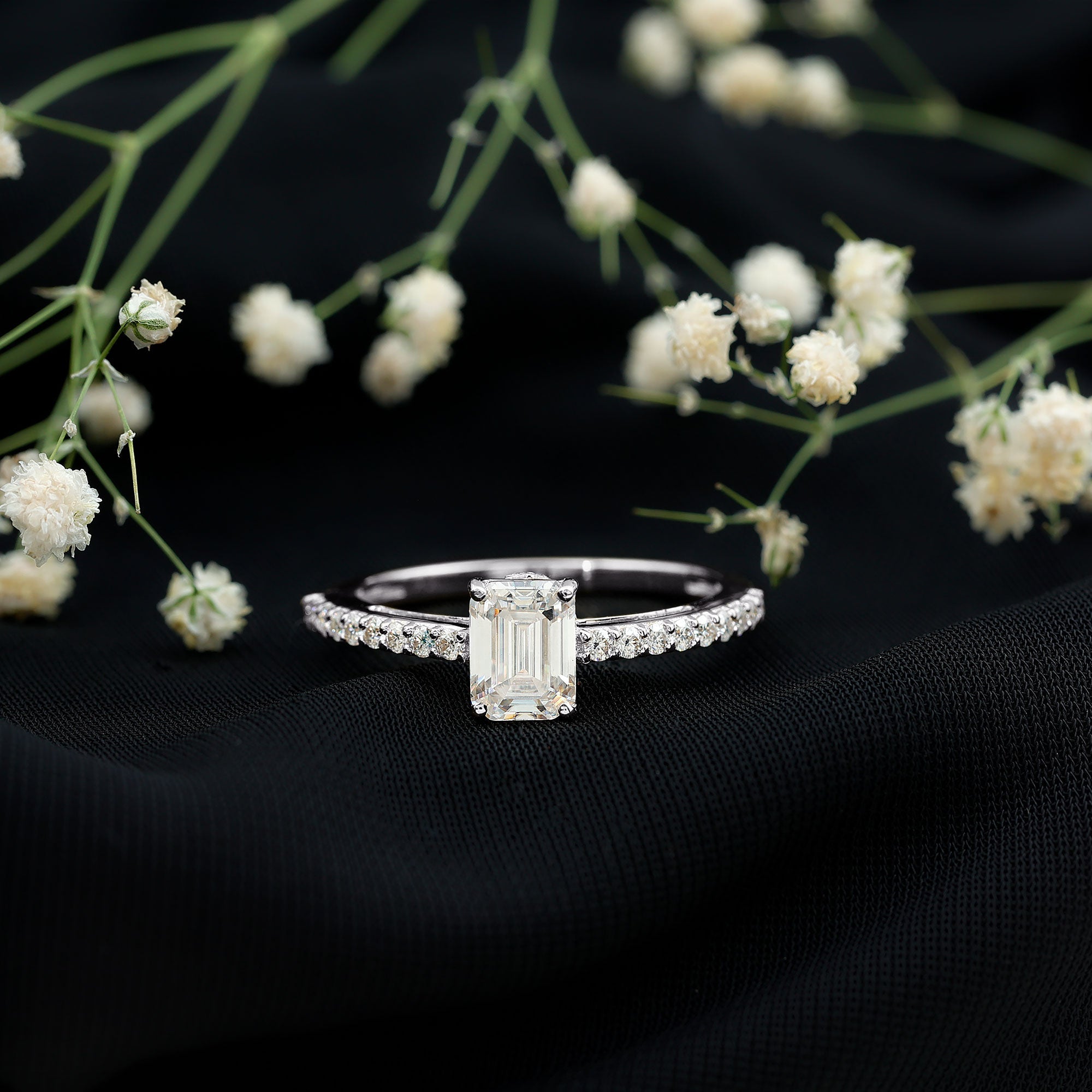 Certified Moissanite Emerald Cut Engagement Ring with Hidden Halo