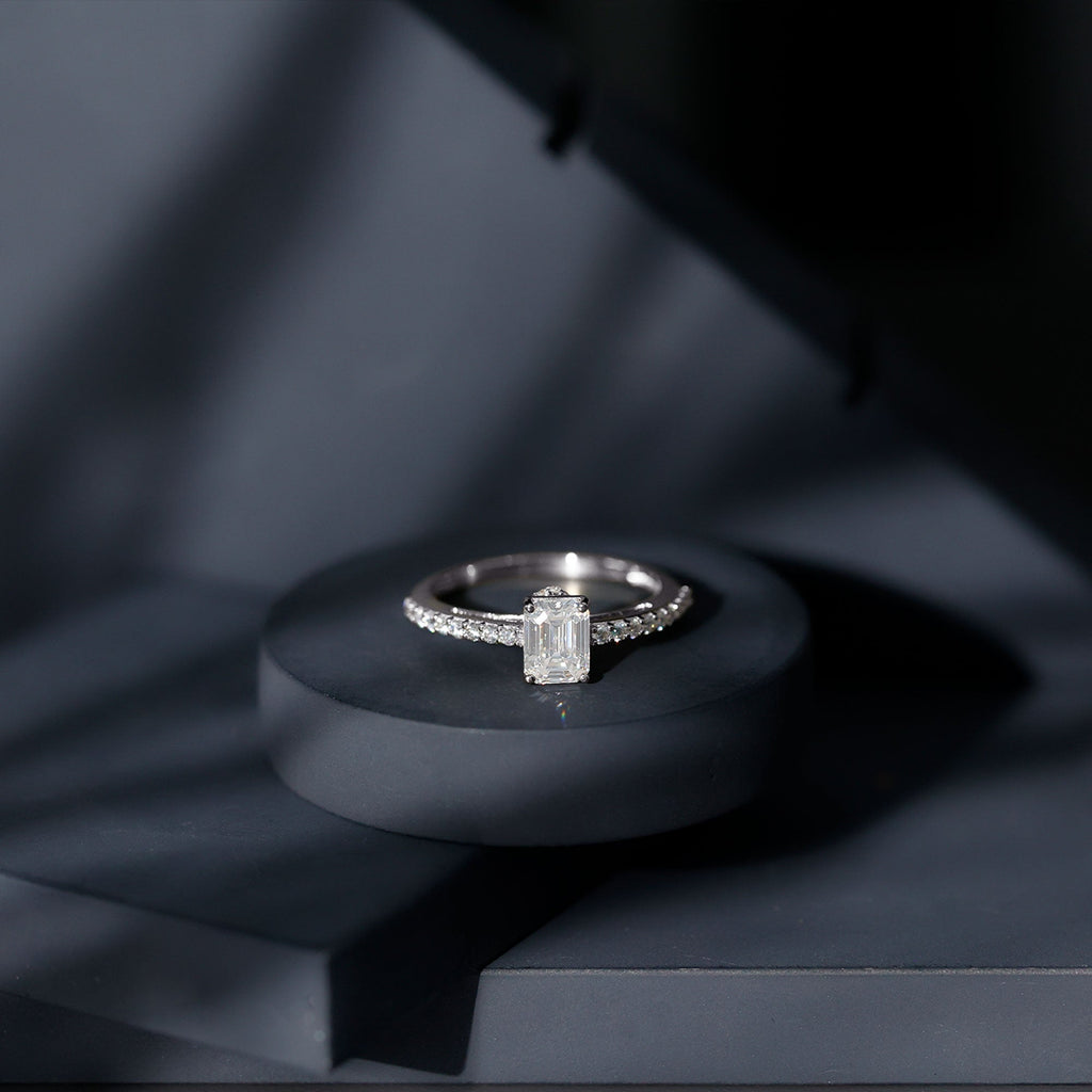 Certified Moissanite Emerald Cut Engagement Ring with Hidden Halo