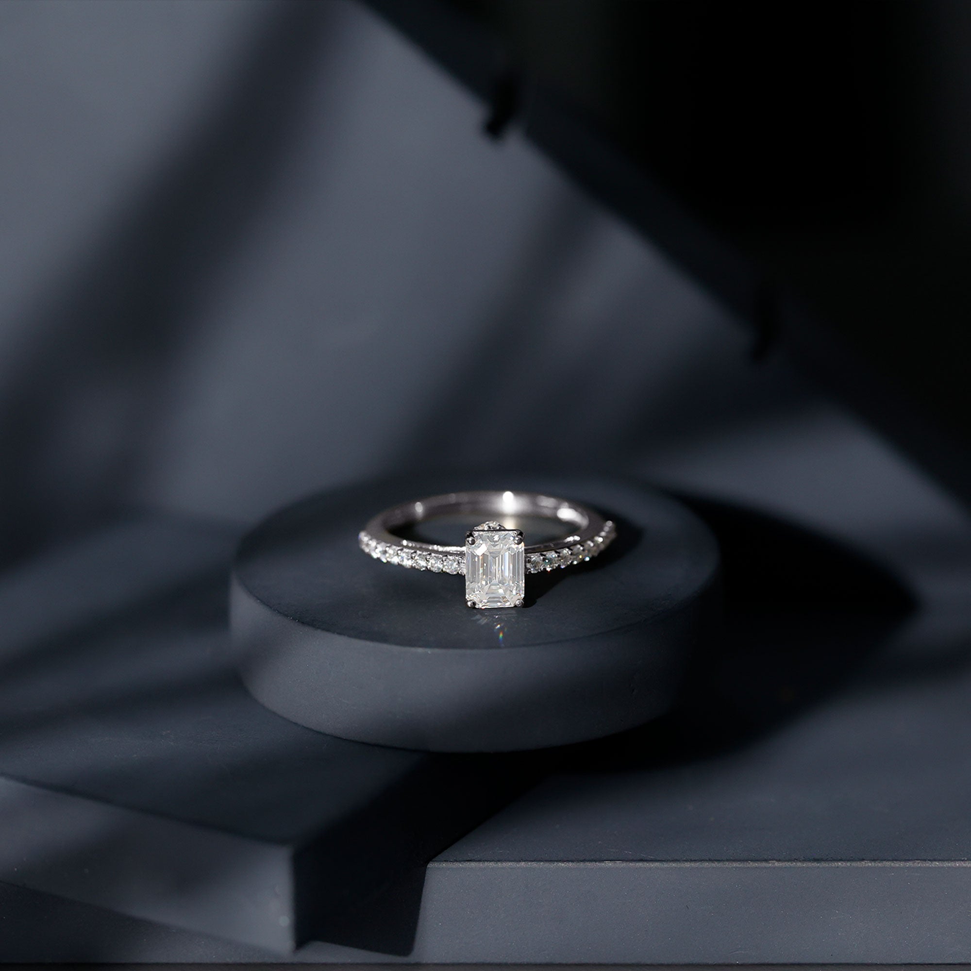 Certified Moissanite Emerald Cut Engagement Ring with Hidden Halo