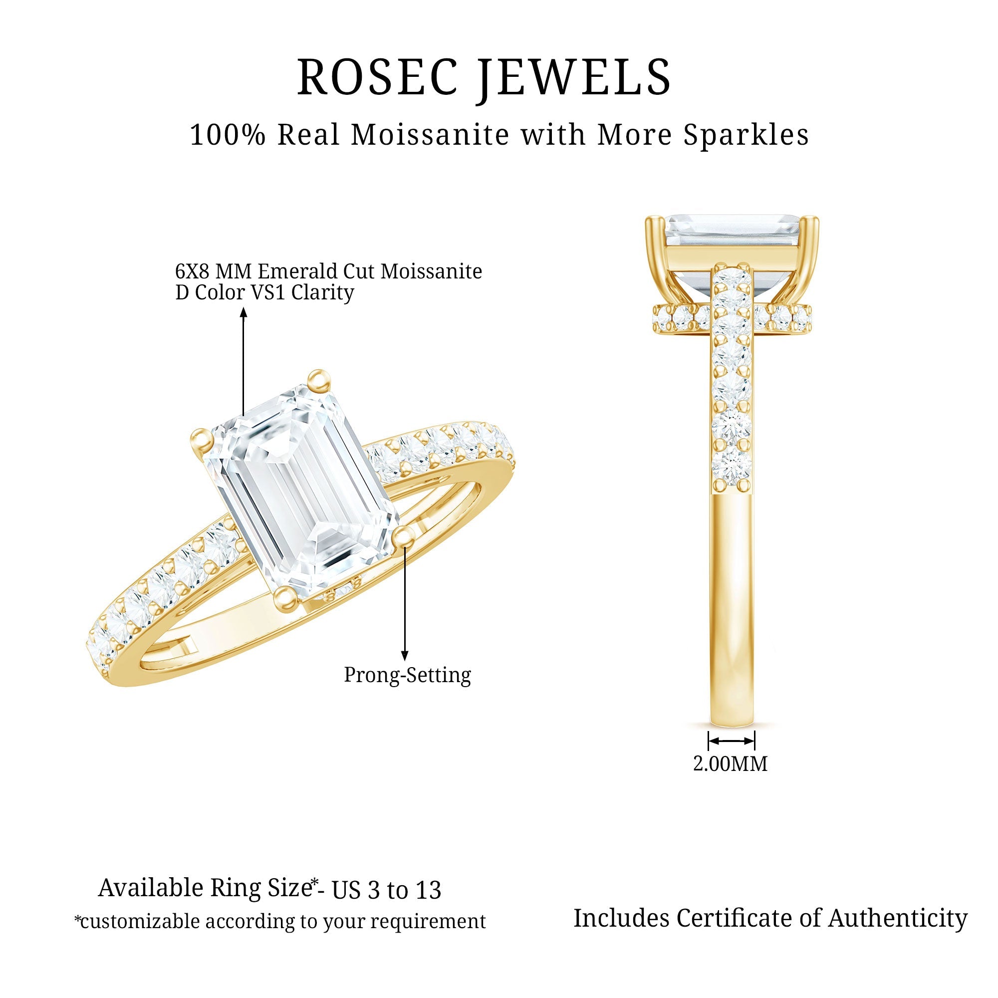 Certified Moissanite Emerald Cut Engagement Ring with Hidden Halo