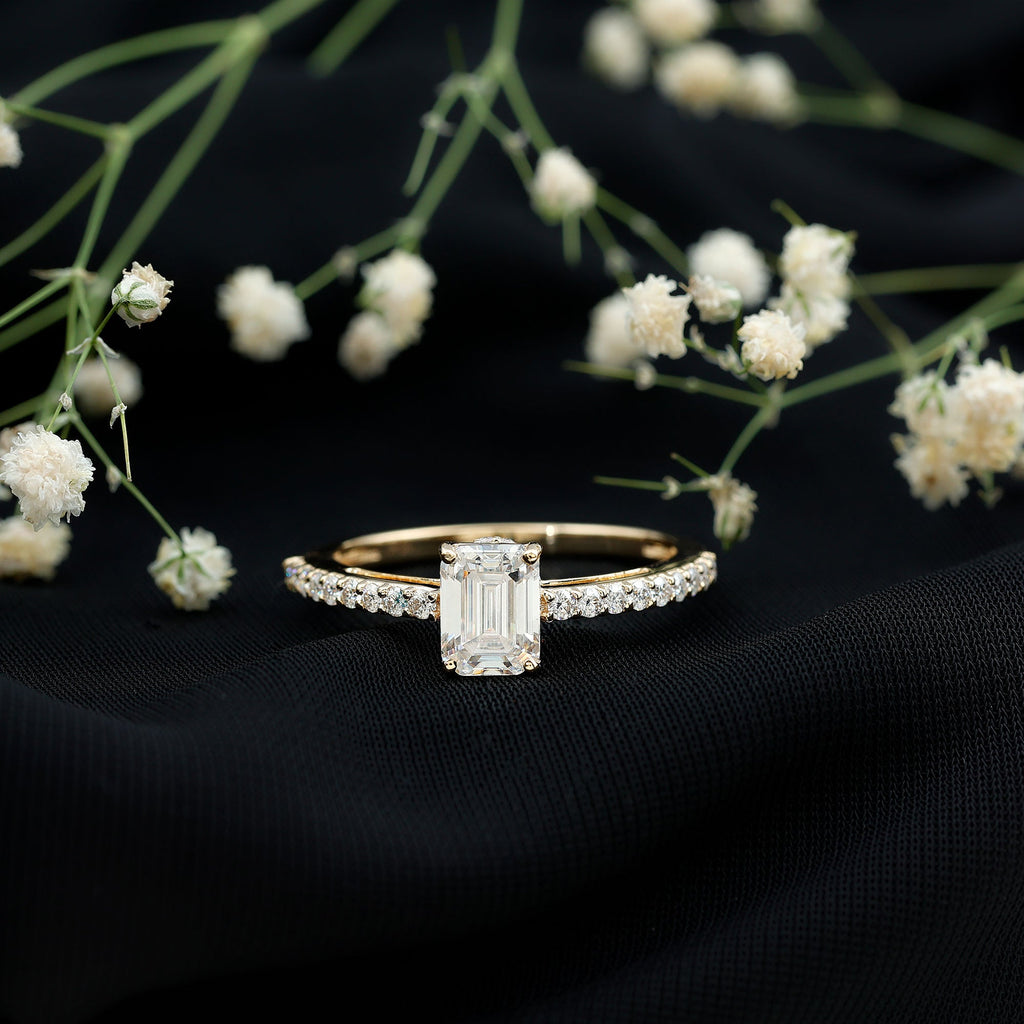 Certified Moissanite Emerald Cut Engagement Ring with Hidden Halo