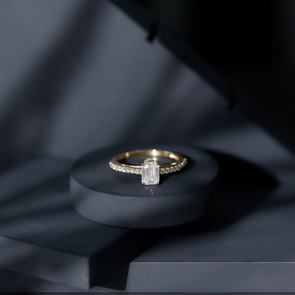 Certified Moissanite Emerald Cut Engagement Ring with Hidden Halo