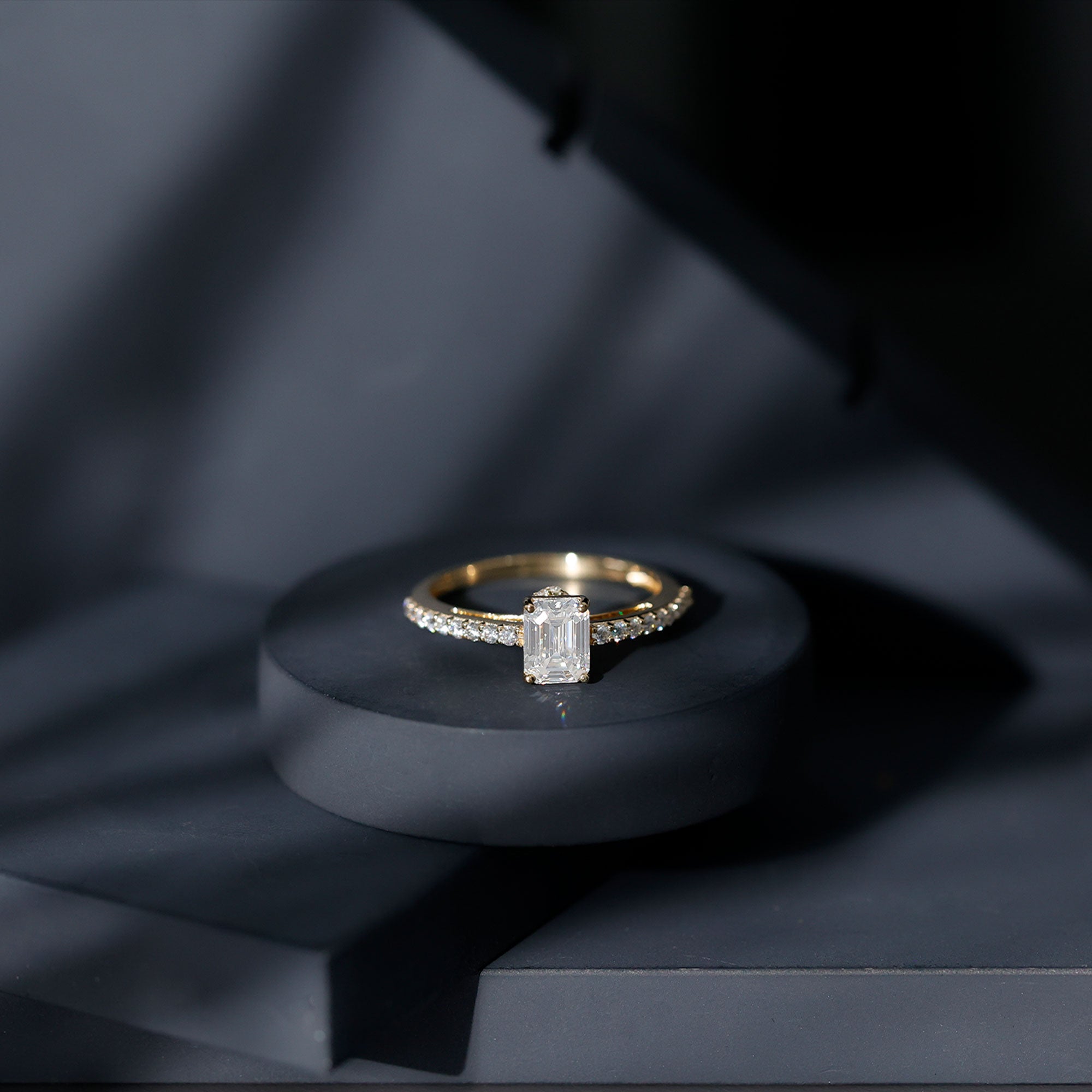 Certified Moissanite Emerald Cut Engagement Ring with Hidden Halo