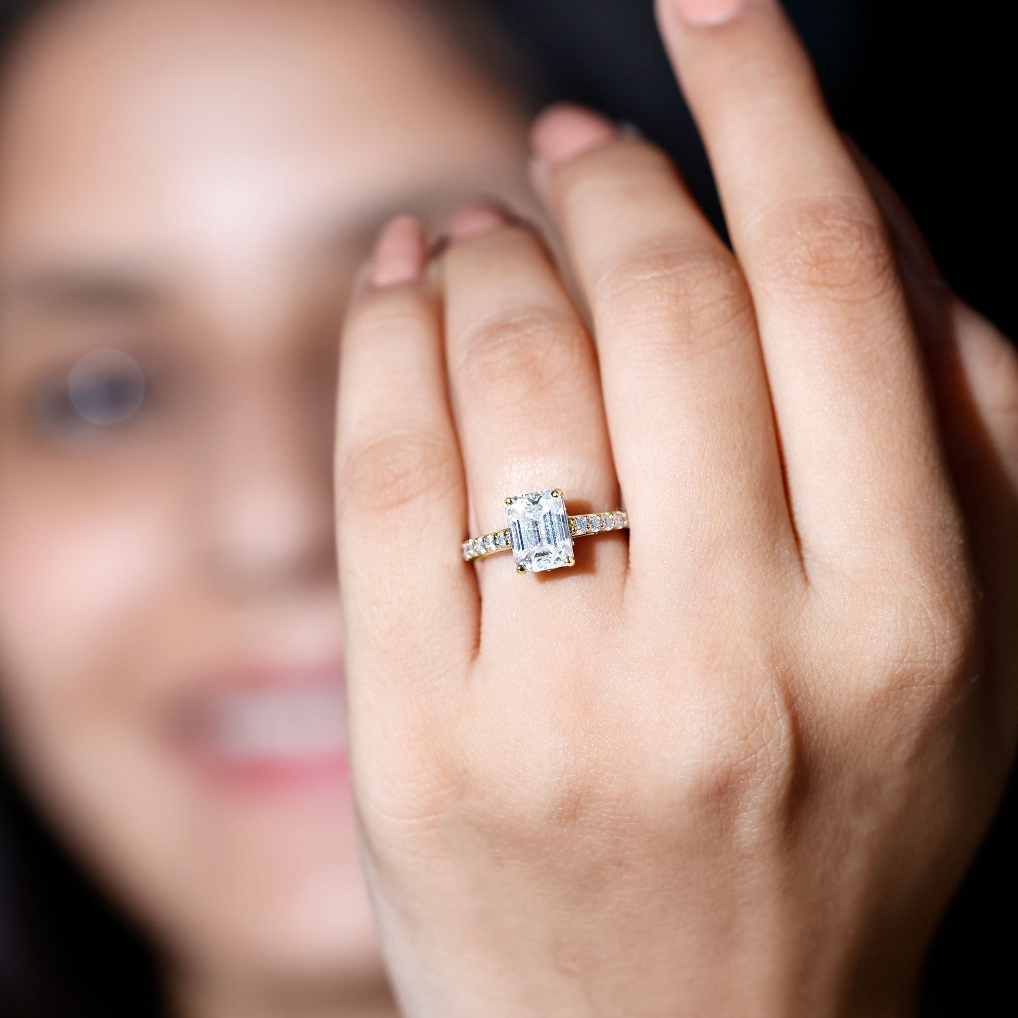 Certified Moissanite Emerald Cut Engagement Ring with Hidden Halo