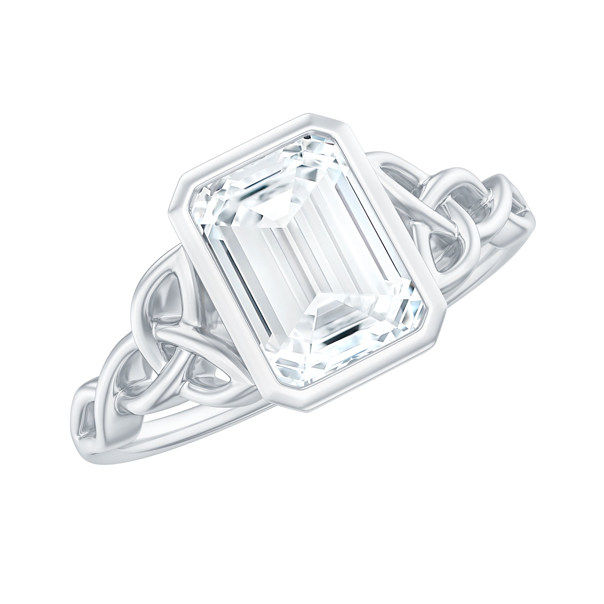 Bezel Set Emerald Cut Moissanite Celtic Engagement Ring