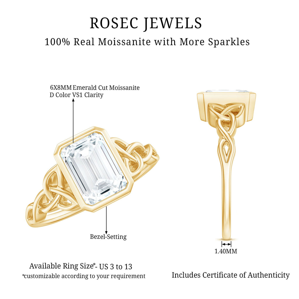 Bezel Set Emerald Cut Moissanite Celtic Engagement Ring
