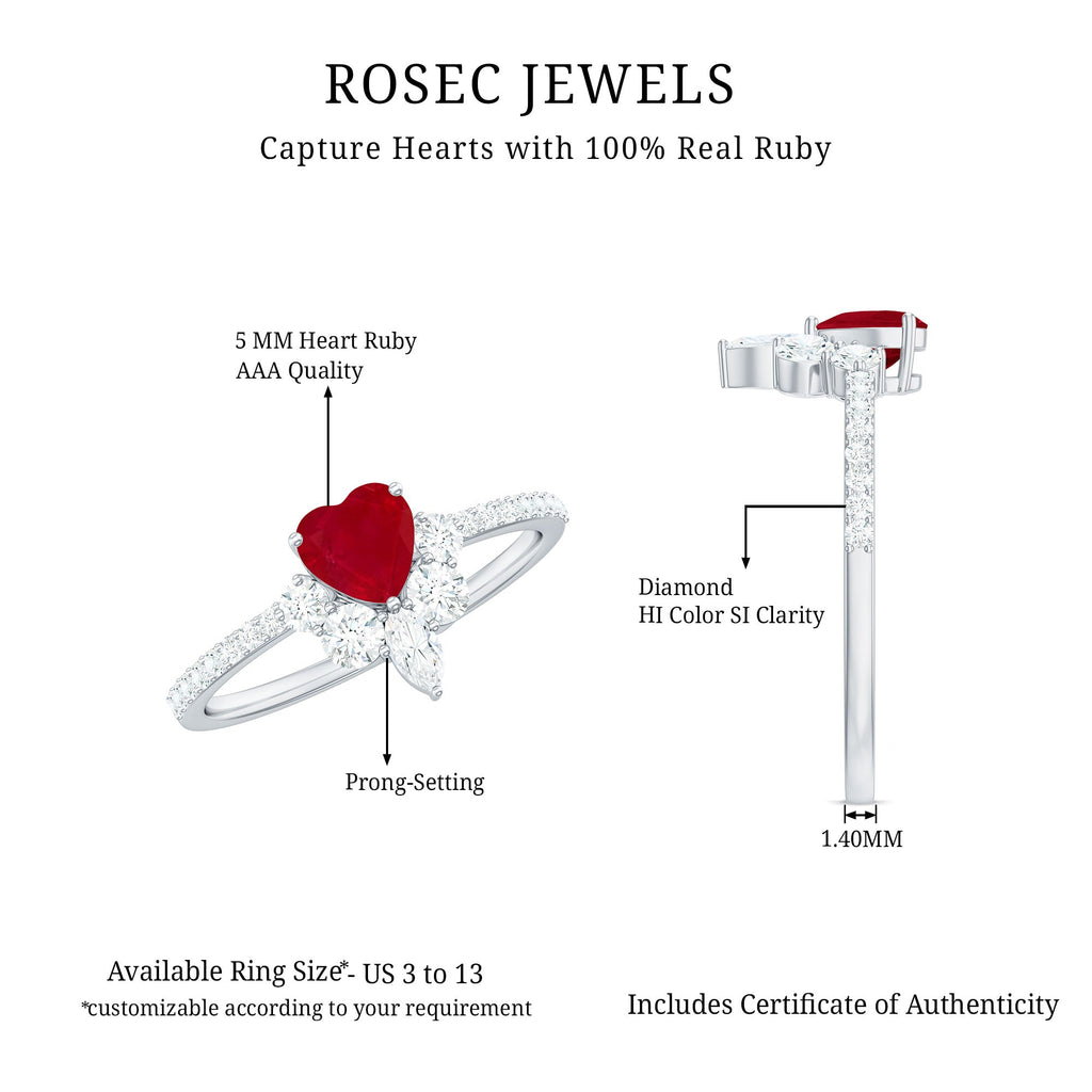 Designer Ruby Heart Solitaire Ring with Diamond Side Stones
