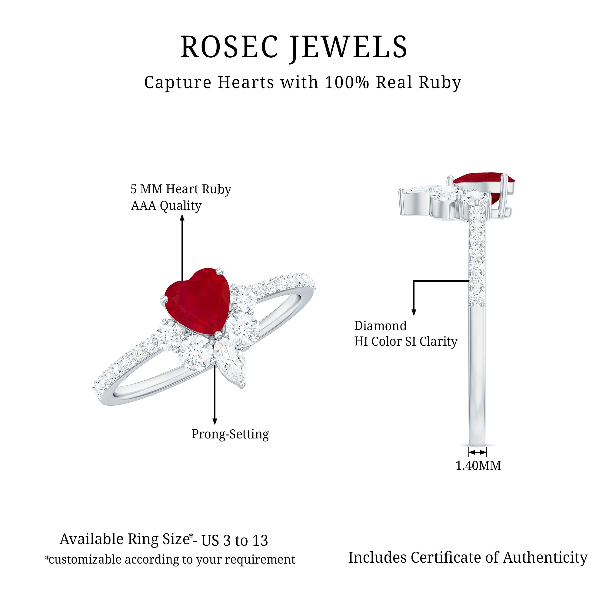 Designer Ruby Heart Solitaire Ring with Diamond Side Stones