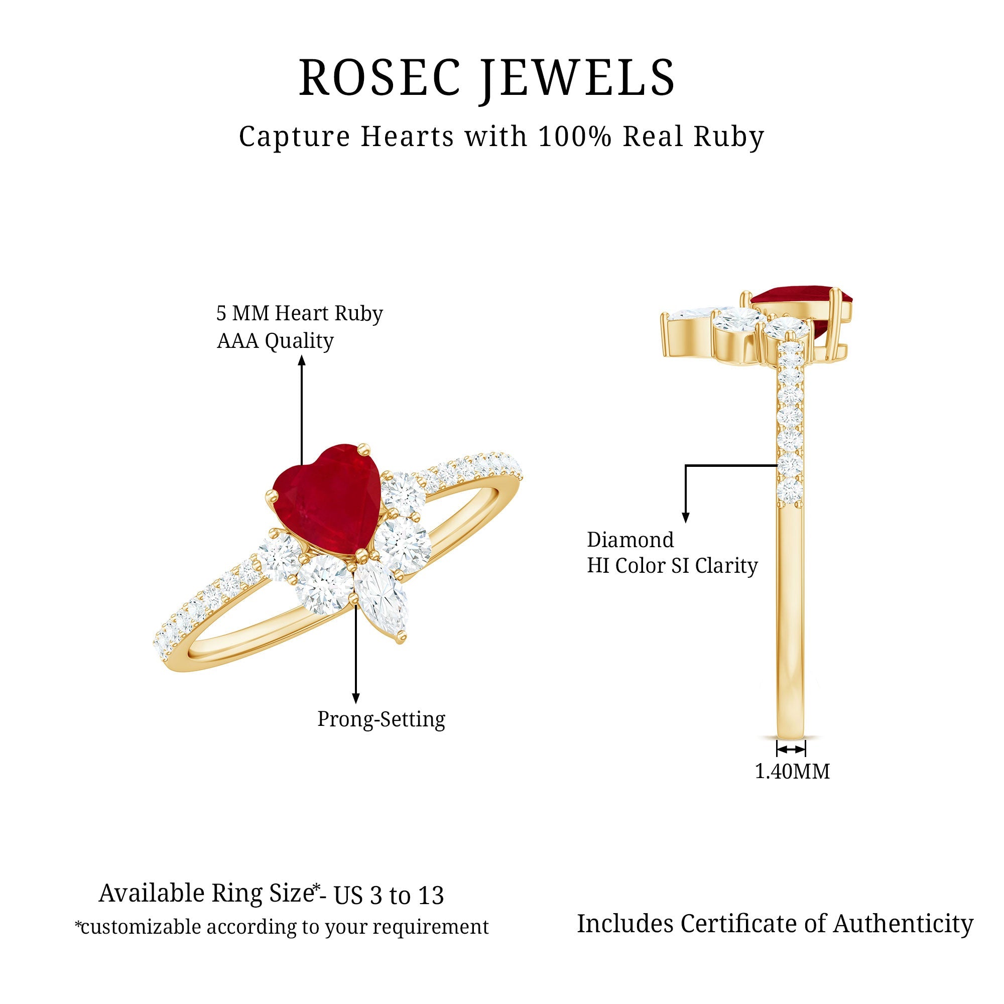 Designer Ruby Heart Solitaire Ring with Diamond Side Stones