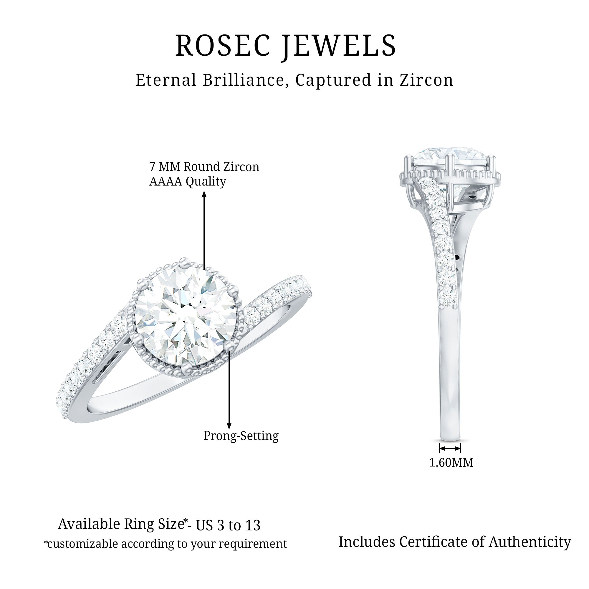 Round Cut Solitaire Zircon Bypass Engagement Ring