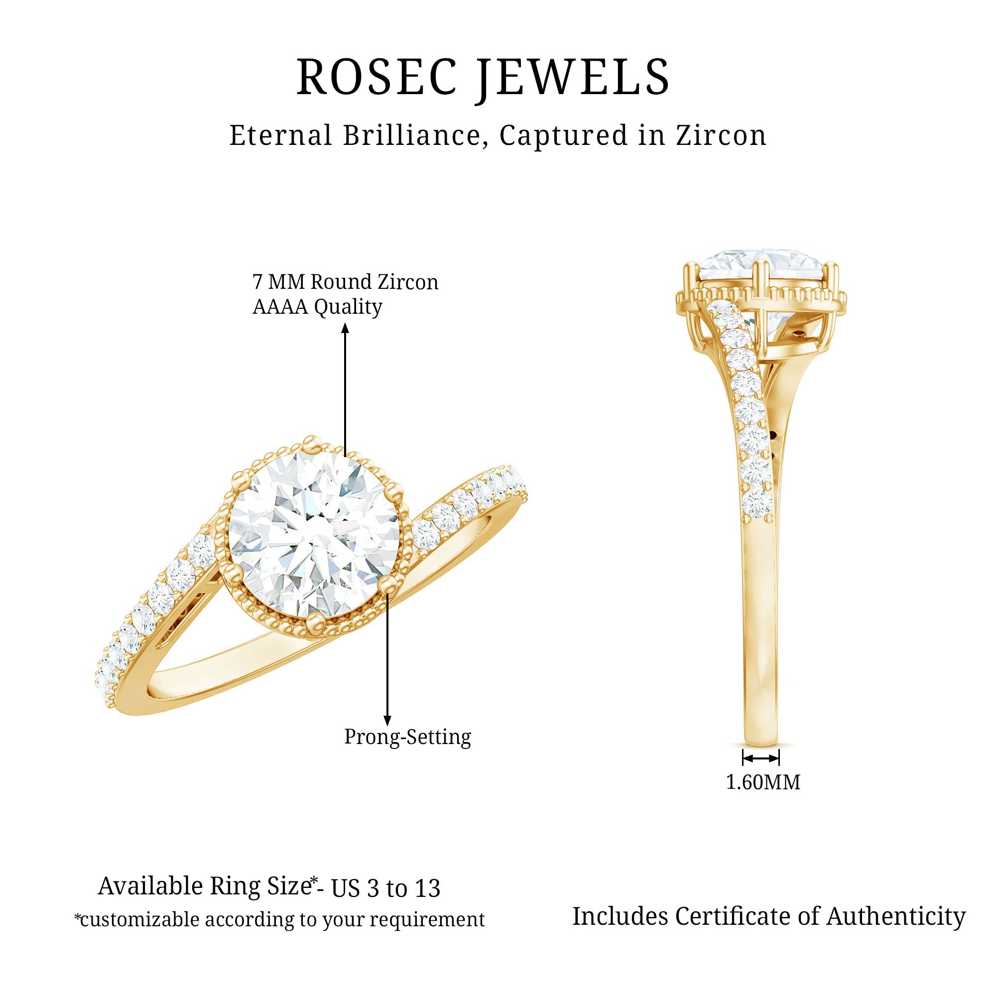 Round Cut Solitaire Zircon Bypass Engagement Ring