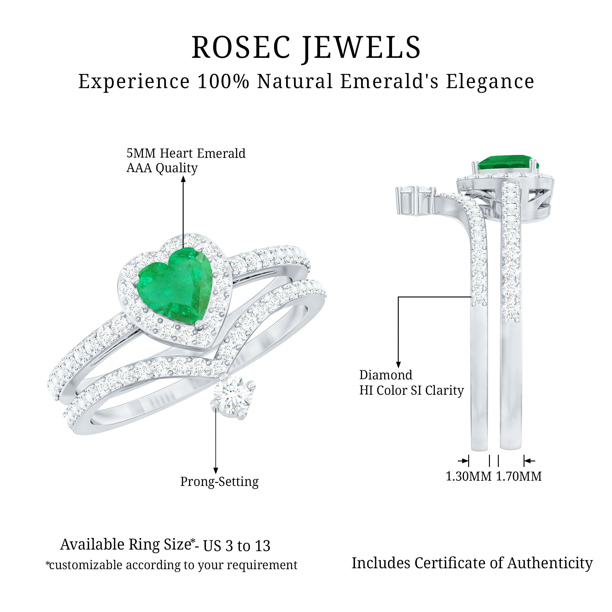 Real Emerald and Diamond Heart Wedding Ring Set with Certificate