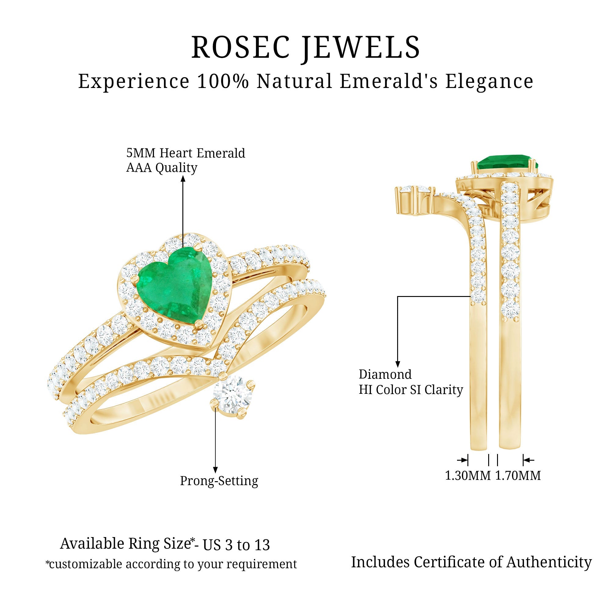 Real Emerald and Diamond Heart Wedding Ring Set with Certificate