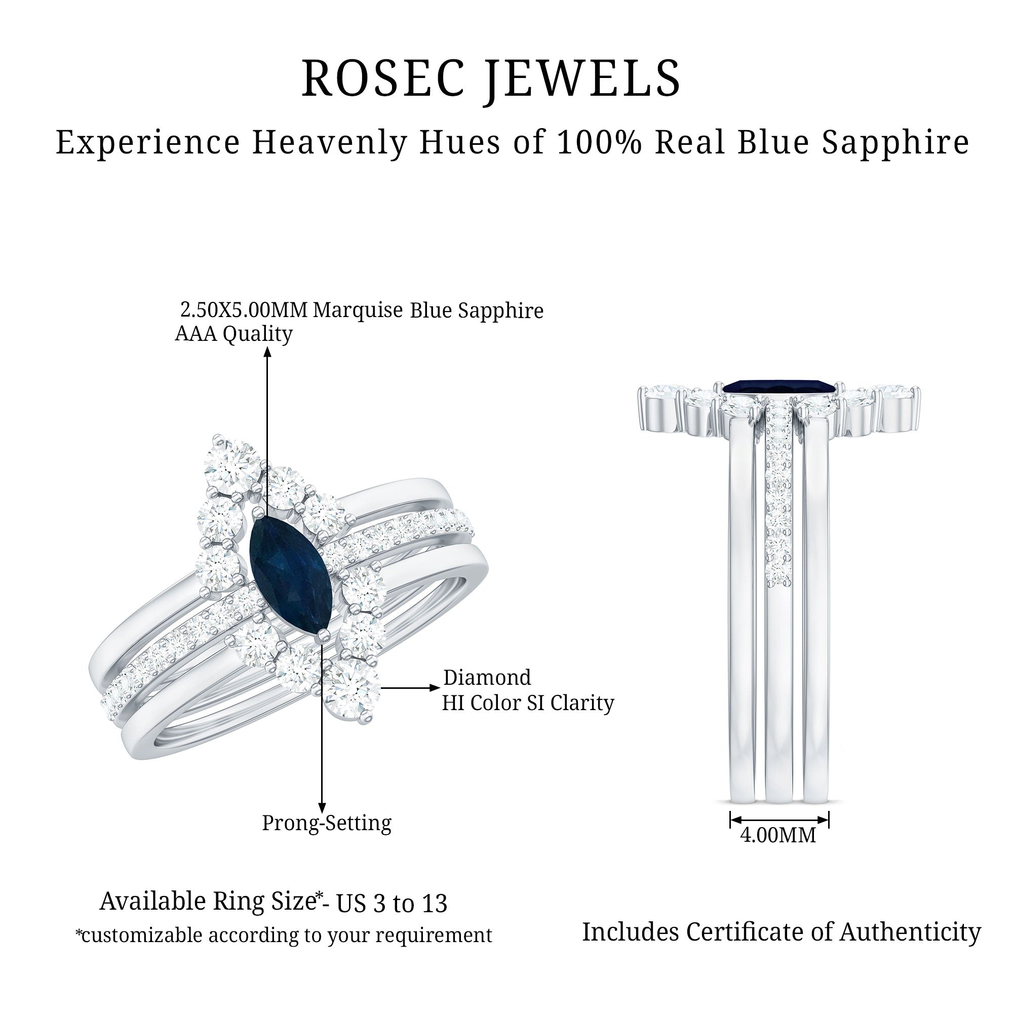 Marquise Blue Sapphire Solitaire Ring Set of 3 with Diamond