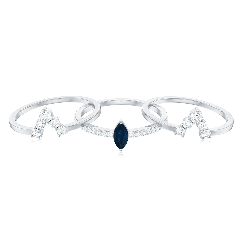 Marquise Blue Sapphire Solitaire Ring Set of 3 with Diamond