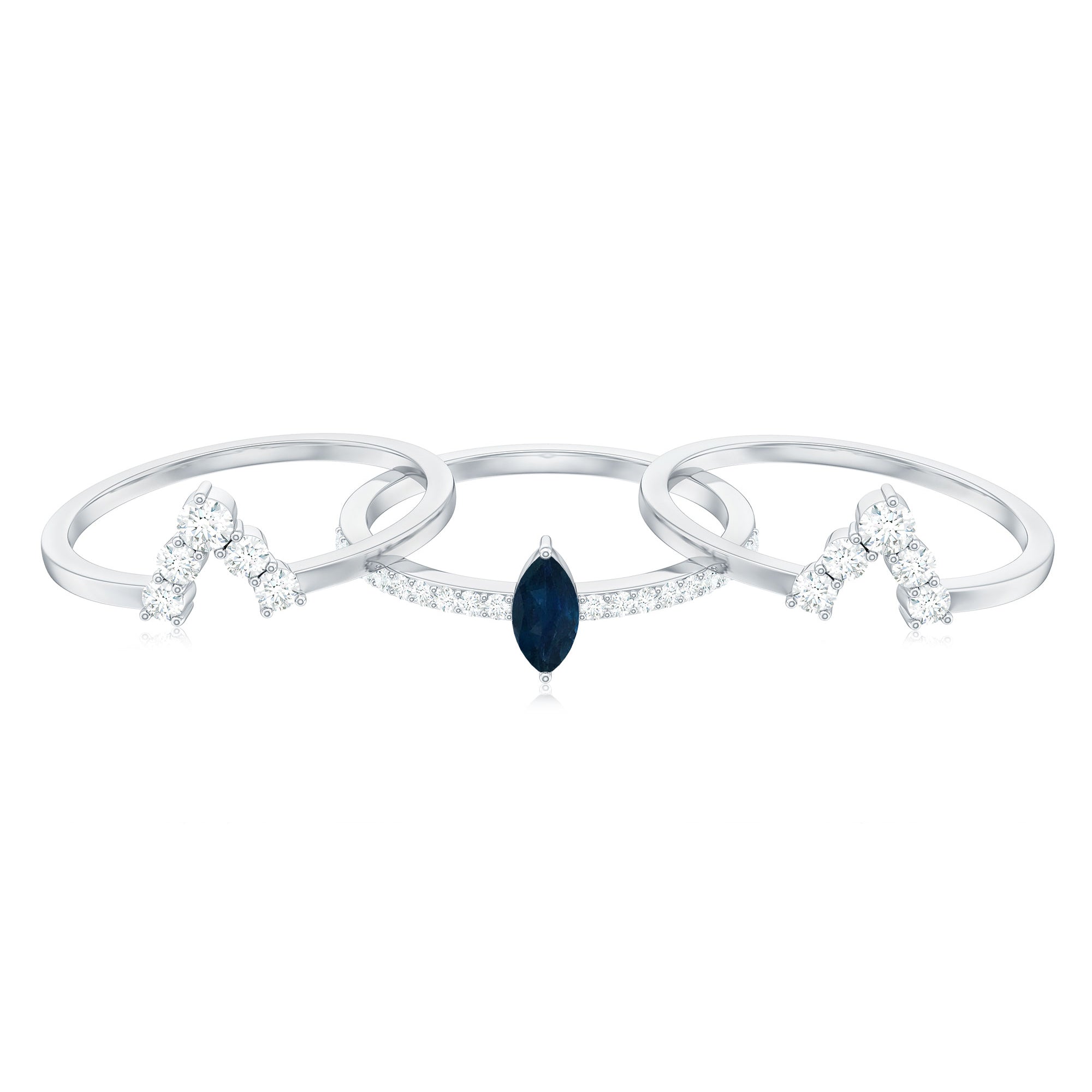 Marquise Blue Sapphire Solitaire Ring Set of 3 with Diamond