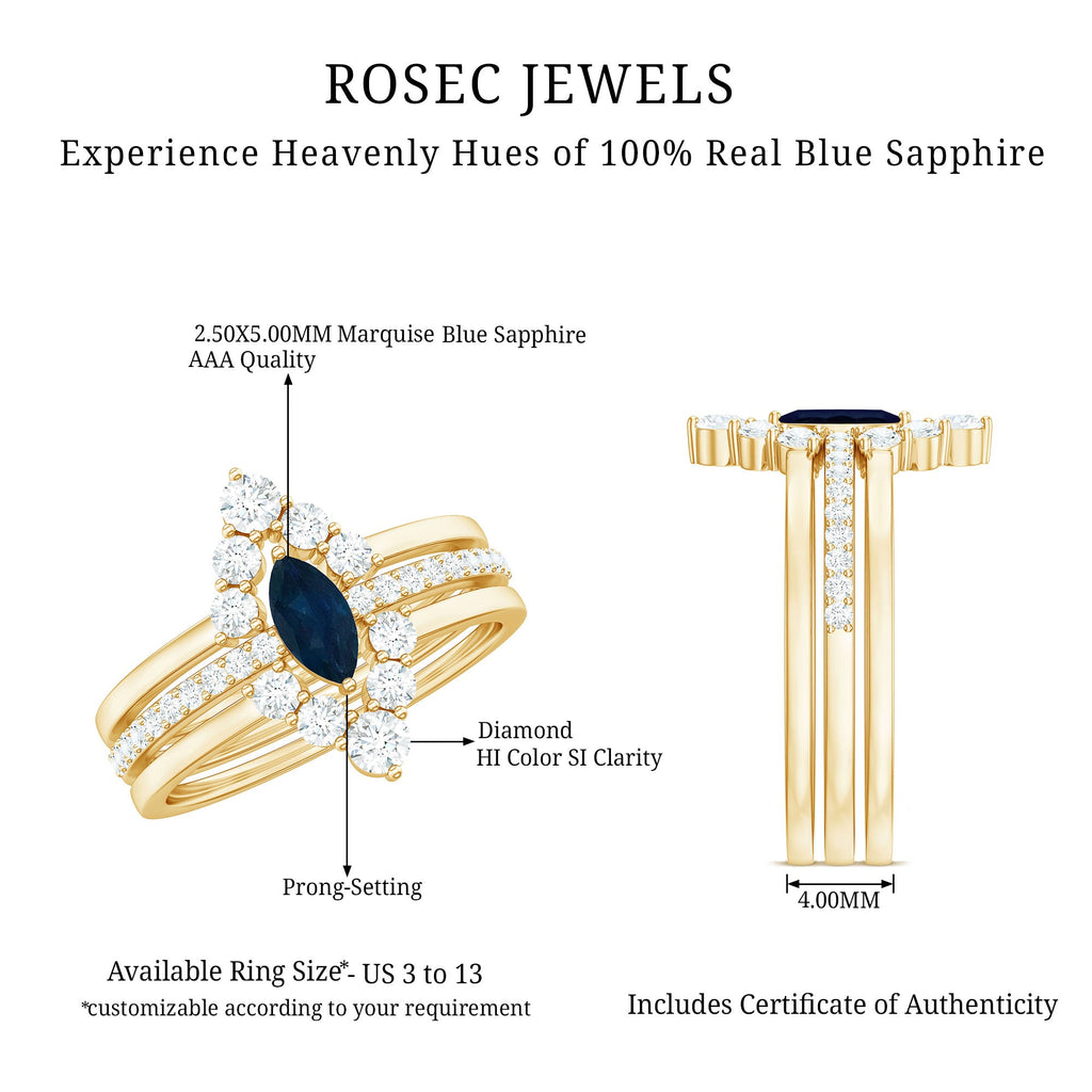 Marquise Blue Sapphire Solitaire Ring Set of 3 with Diamond