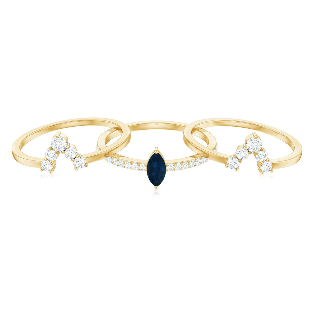 Marquise Blue Sapphire Solitaire Ring Set of 3 with Diamond
